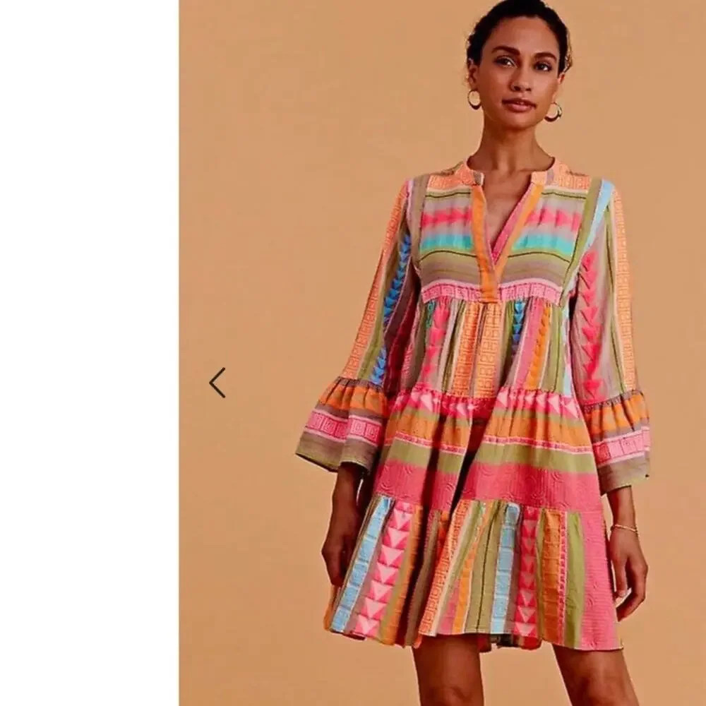 Devotion Twins Ella Short Mini Dress Pink Orange Print Anthropologie Medium - Picture 1 of 6